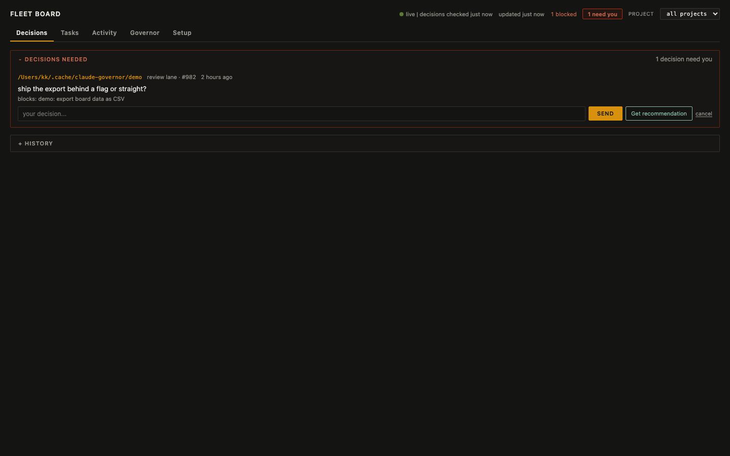 suspenders fleet board: an open decision with LLM recommendation, lanes, task columns, event stream
